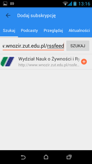 Zrzut ekranu - wyniki wyszukiwania zadanego kanału RSS.