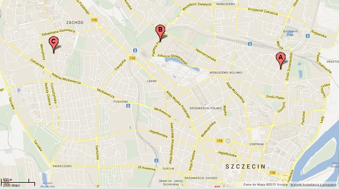 Rysunek Google Maps z zaznaczonymi lokacjami Wydziału.