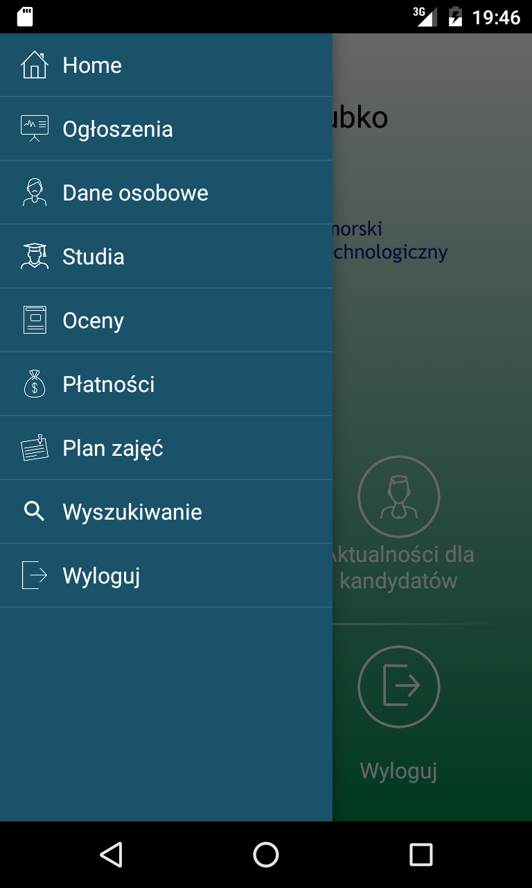 Menu główne aplikacji mZUT.